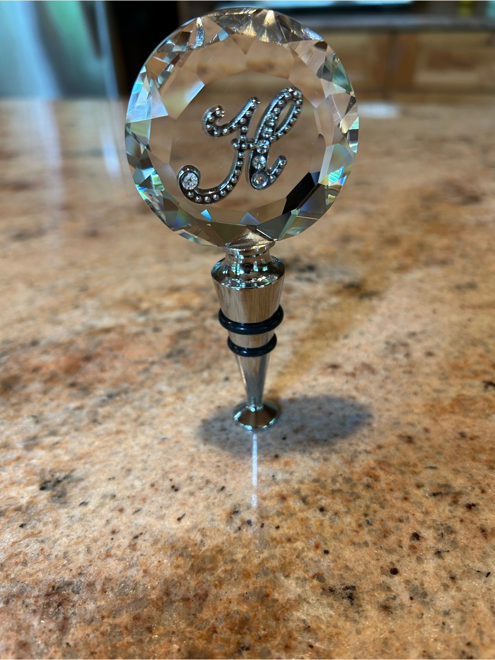 Wine Stopper Monogram Letter “H” Heavy Cut Crystal & Rhinestones Stainless Base